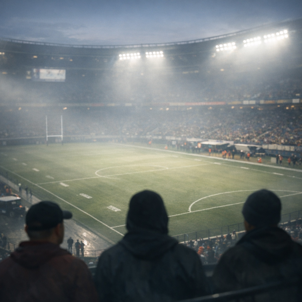 Editorial scene: sports stadium wide shot or empty field before game, atmospheric, no identifiable athletes