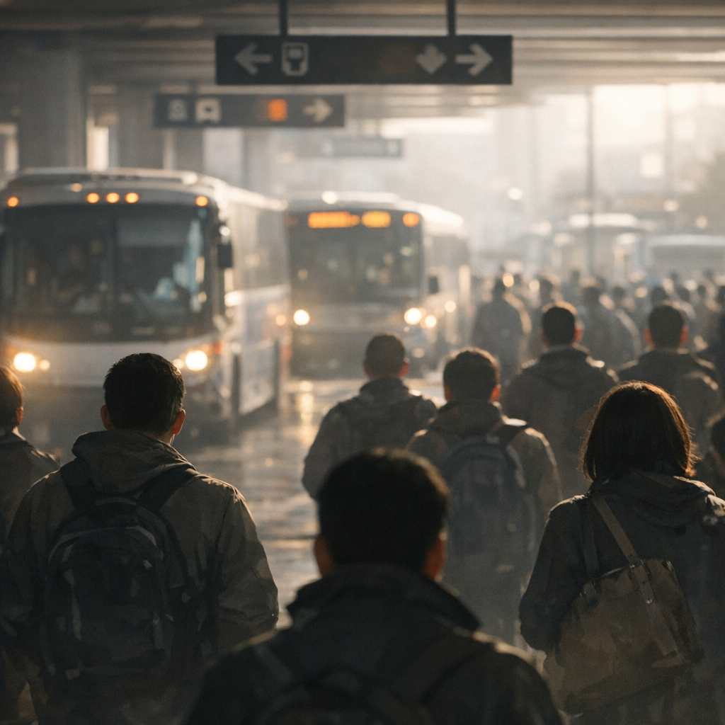 crowded bus terminal with commuters waiting
