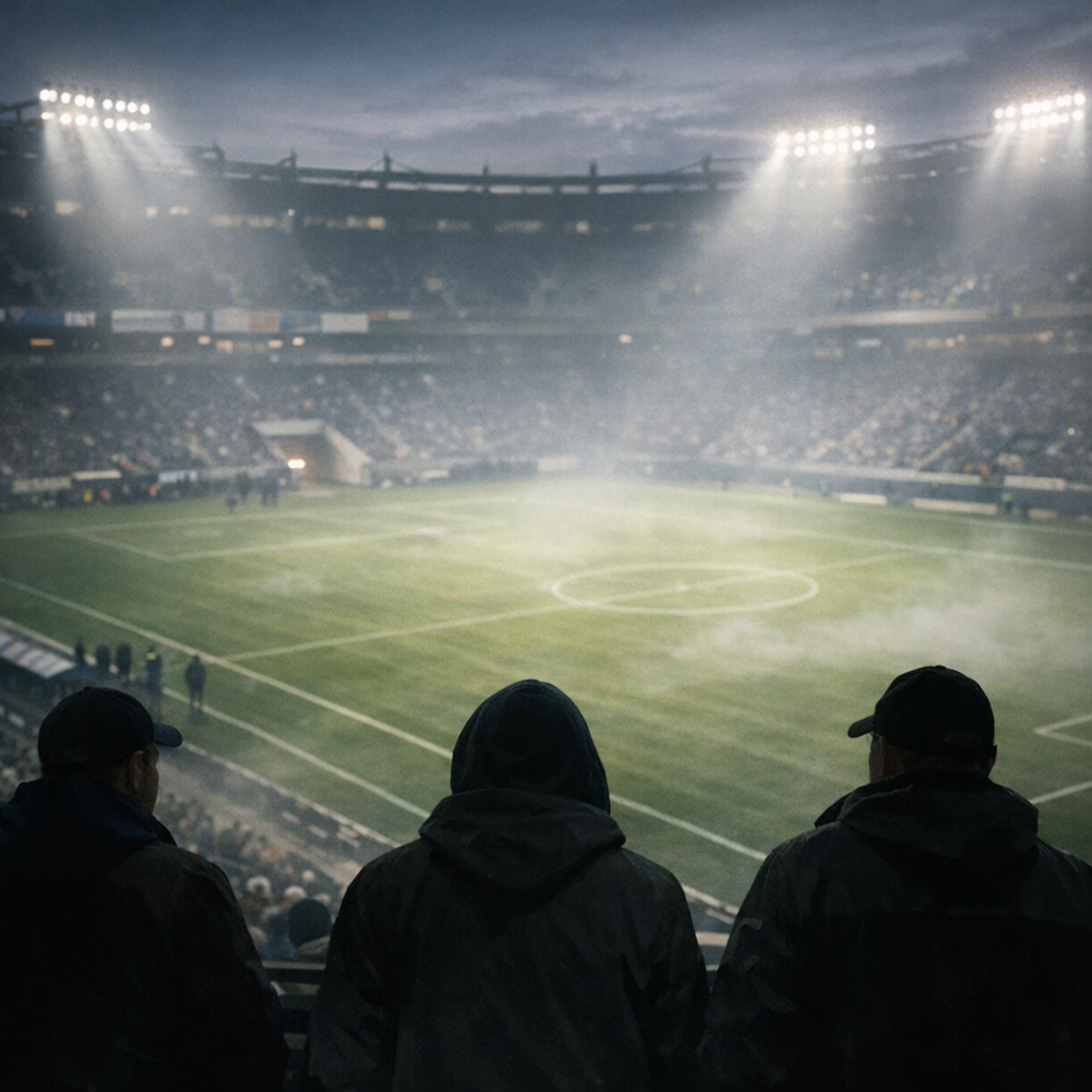 Editorial scene: sports stadium wide shot or empty field before game, atmospheric, no identifiable athletes
