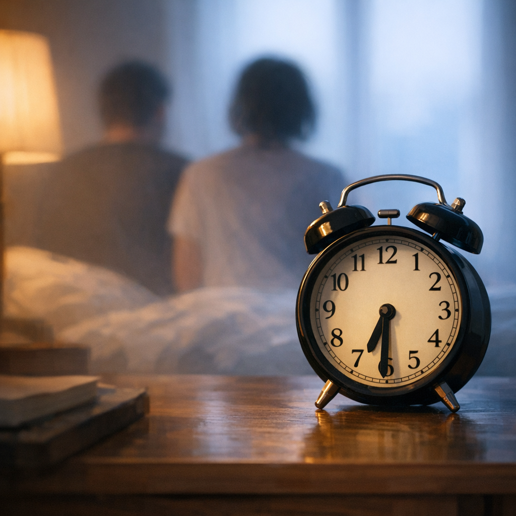 a simple alarm clock on a bedside table