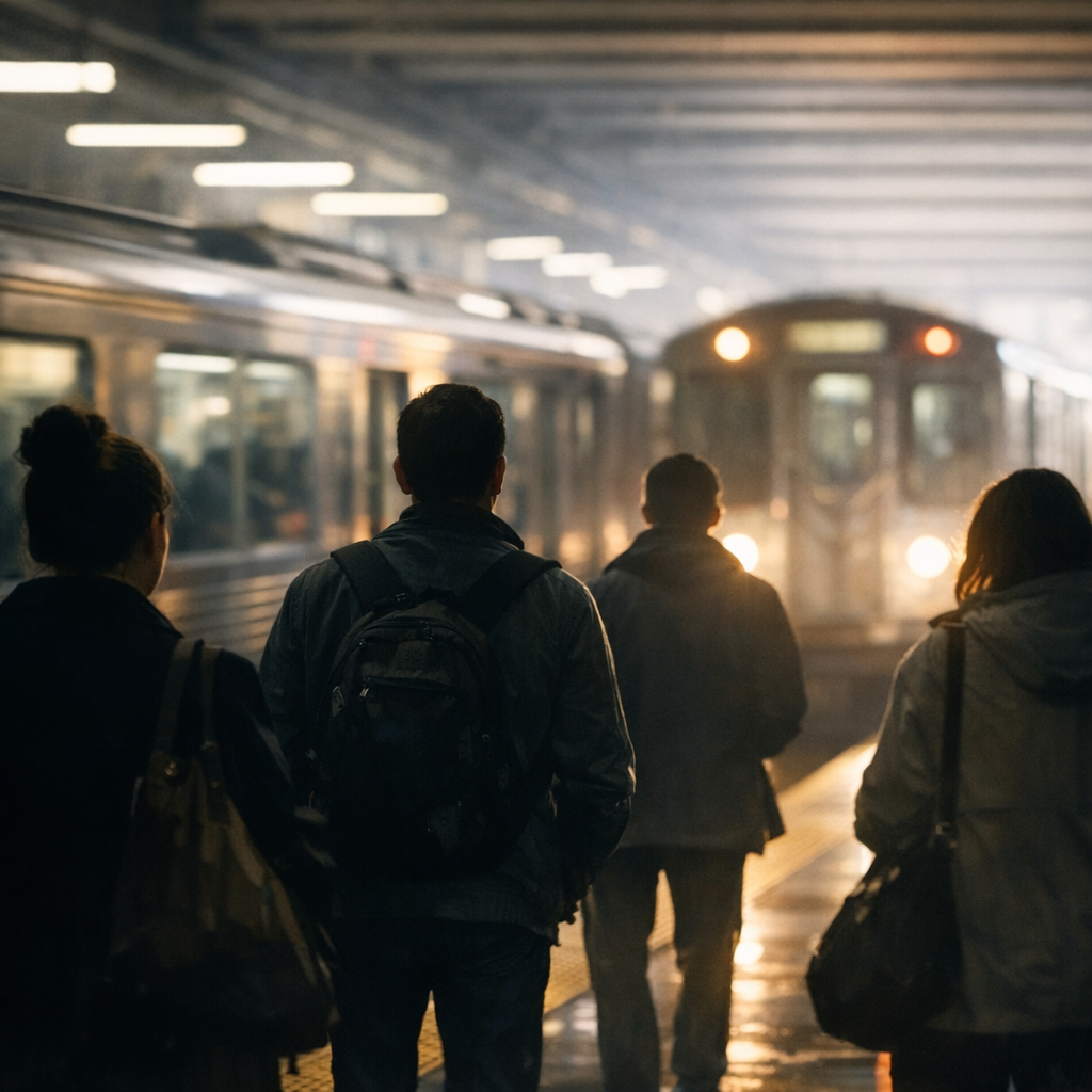 commuters waiting at a train station