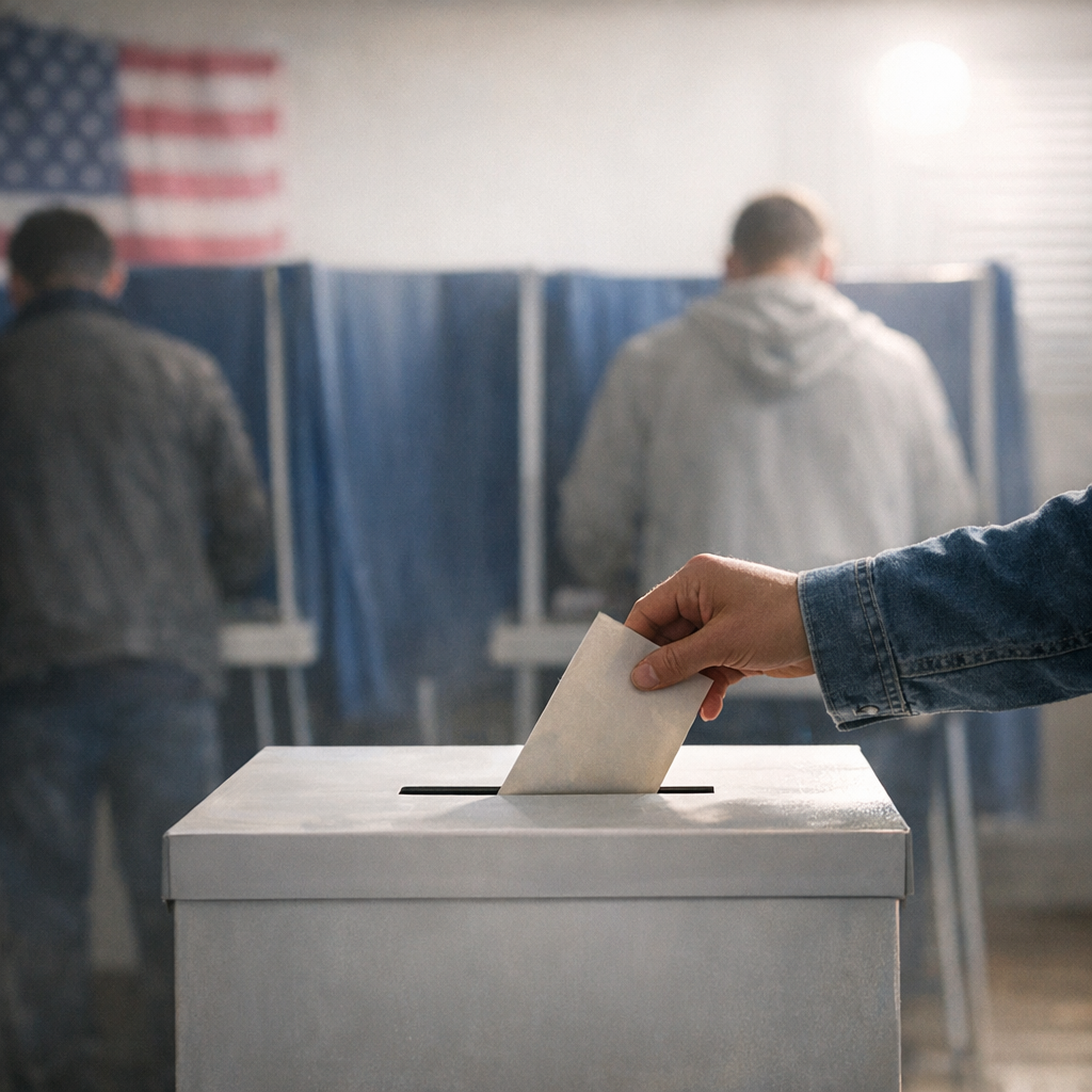 Voting booth with ballot box