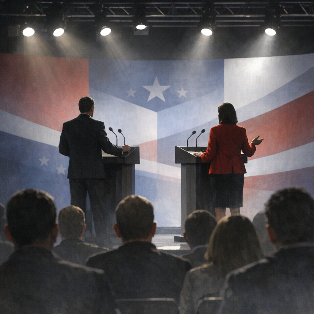 debate stage with candidates